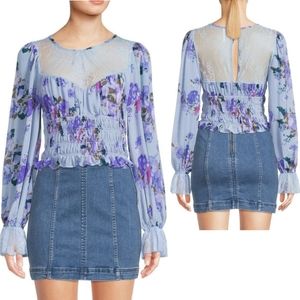 NWT Free people daphne floral lace detail bohemian blouse silver blue fairy